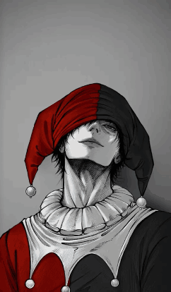 A Black And White Drawing Of A Man In A Harlequin Costume GIF
