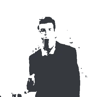 a black and white drawing of a man in a suit with his hands outstretched