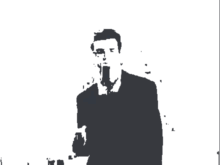 a black and white drawing of a man in a suit with the letter e on his chest