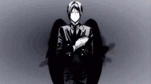 A Black And White Drawing Of A Man In A Suit With Wings GIF