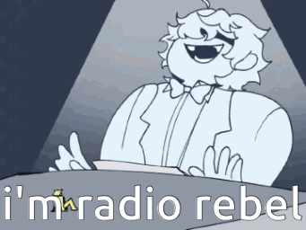 A Black And White Drawing Of A Man In A Tuxedo With The Words I 'M Radio Rebel Written Below Him GIF
