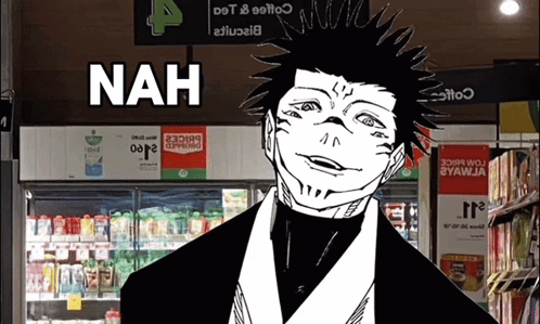 A Black And White Drawing Of A Man In Front Of A Sign That Says " Nah " GIF
