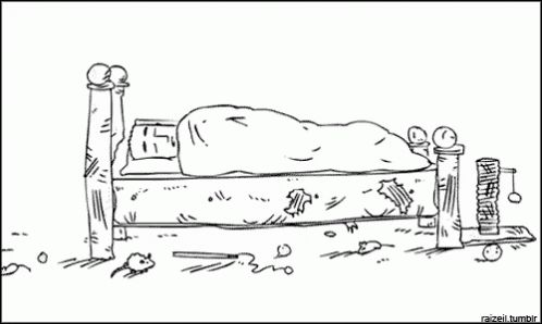 A Black And White Drawing Of A Man Laying On A Bed GIF