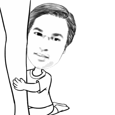 a black and white drawing of a man peeking behind a tree trunk .