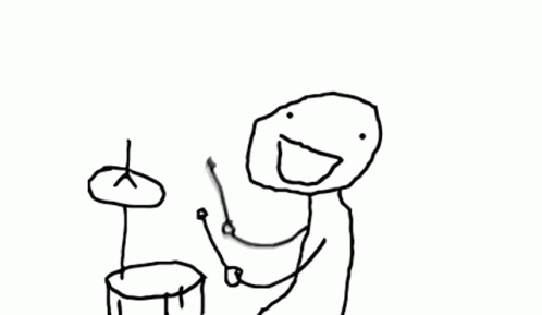 A Black And White Drawing Of A Man Playing Drums With The Words Ba Dum Tsss Above Him GIF
