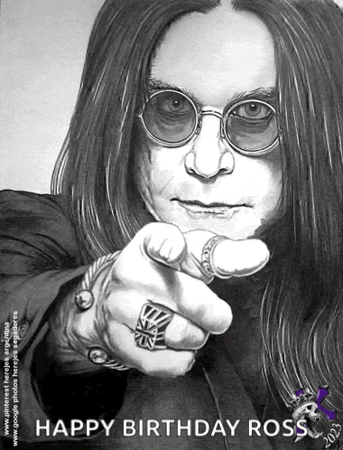 A Black And White Drawing Of A Man Pointing At The Camera With The Words Happy Birthday Ross GIF