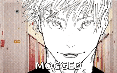 A Black And White Drawing Of A Man 'S Face In A Hallway With The Words Mogged Written On The Bottom . GIF