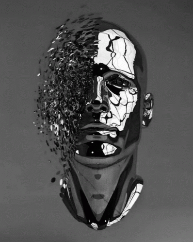 A Black And White Drawing Of A Man 'S Face That Is Breaking Apart GIF