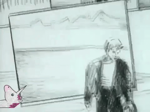 A Black And White Drawing Of A Man 'S Face With A Pink Unicorn In The Background . GIF