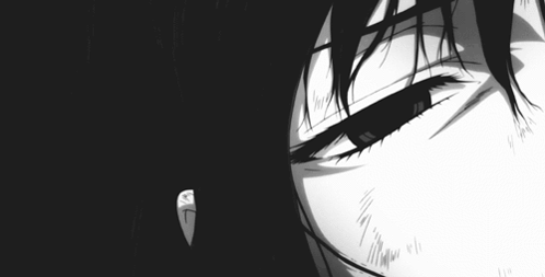 a black and white drawing of a man 's face with a tear coming out of his eye