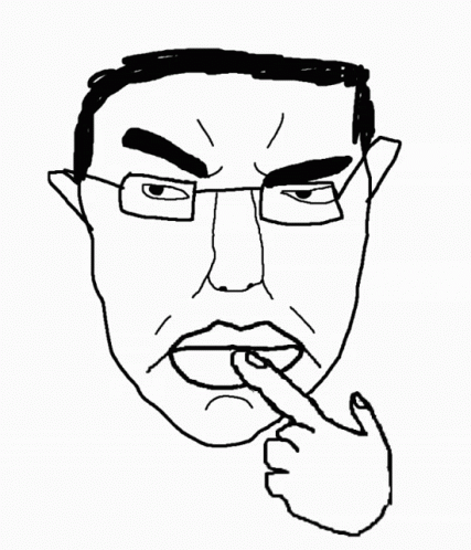 A Black And White Drawing Of A Man 'S Face With His Finger In His Mouth GIF