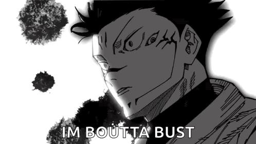 A Black And White Drawing Of A Man 'S Face With The Words `` Im Boutta Bust '' Written Below Him . GIF