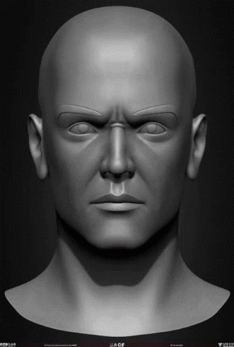 A Black And White Drawing Of A Man 'S Head With The Letters Acf On The Bottom GIF