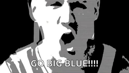 A Black And White Drawing Of A Man Screaming With The Words Go Big Blue !!! GIF