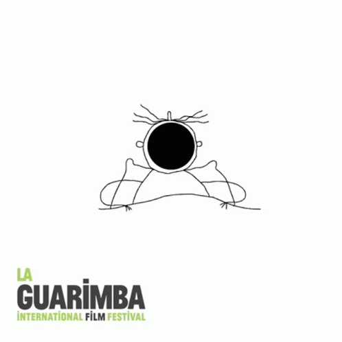 A Black And White Drawing Of A Man Sitting At A Desk With The Words La Guarimba International Film Festival Below Him GIF