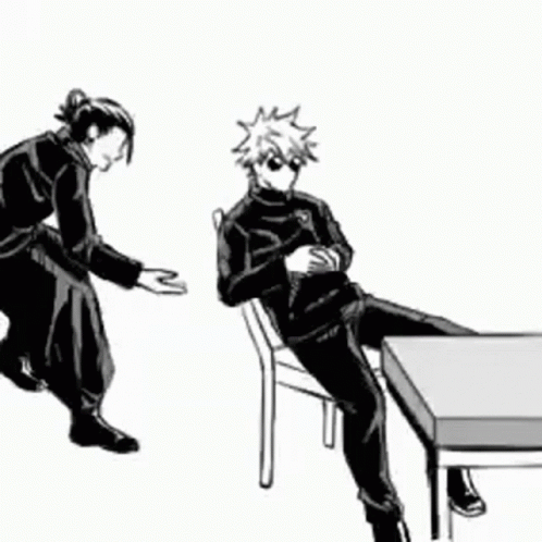 A Black And White Drawing Of A Man Sitting At A Table With Another Man Standing Next To Him . GIF