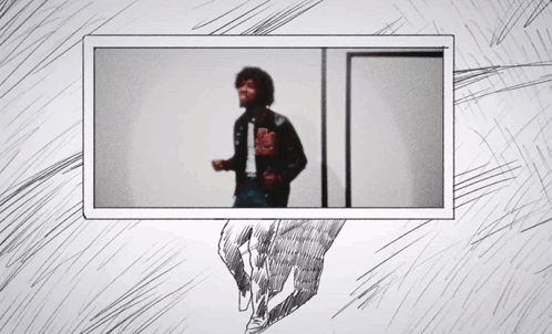 A Black And White Drawing Of A Man Standing In A Doorway GIF
