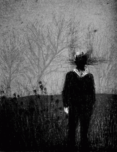 A Black And White Drawing Of A Man Standing In A Field With Trees In The Background GIF