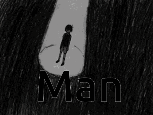 A Black And White Drawing Of A Man Standing In A Spotlight With The Word Man Below Him GIF