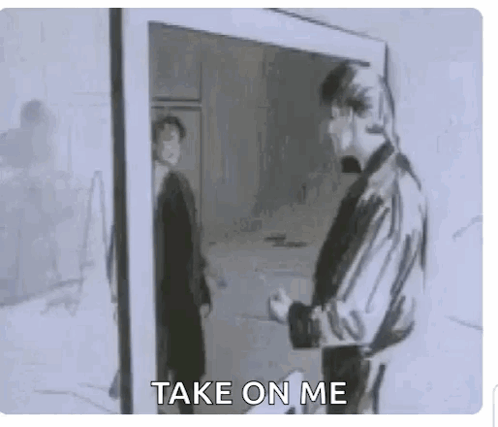 A Black And White Drawing Of A Man Standing In Front Of A Door . GIF