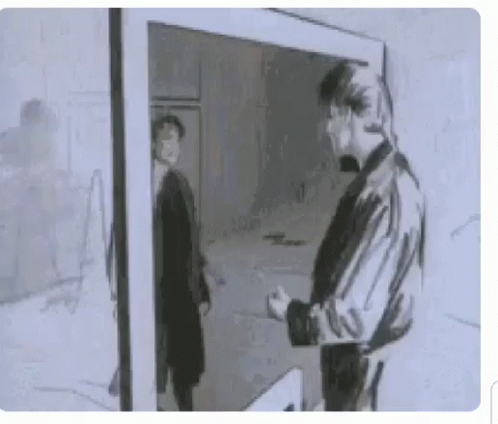 A Black And White Drawing Of A Man Standing In Front Of A Door . GIF