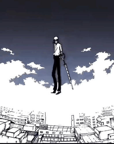 A Black And White Drawing Of A Man Standing On Top Of A Building GIF
