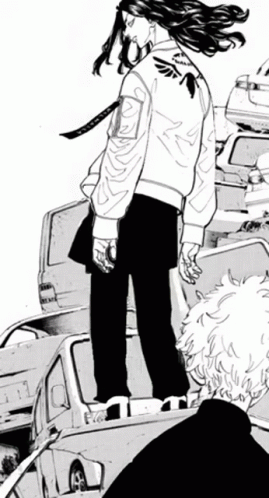 A Black And White Drawing Of A Man Standing On Top Of A Car In A Parking Lot . GIF