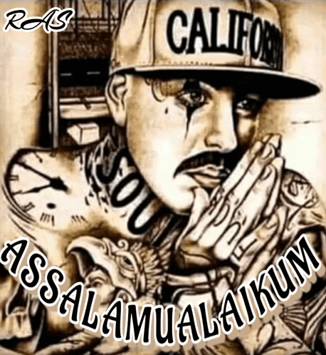 A Black And White Drawing Of A Man Wearing A Hat That Says California GIF