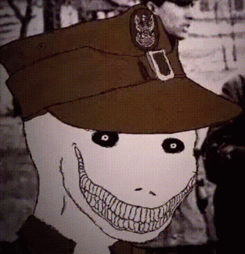 A Black And White Drawing Of A Man Wearing A Military Hat And Smiling GIF