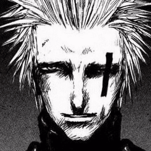 a black and white drawing of a man with a cross tattoo on his face .