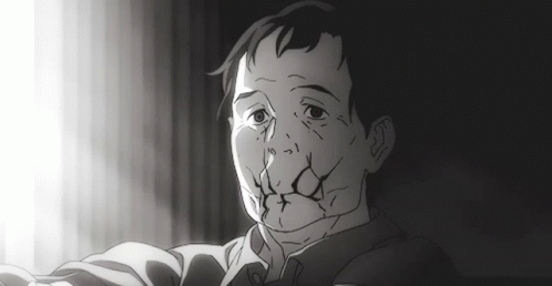 A Black And White Drawing Of A Man With A Large Hole In His Face GIF