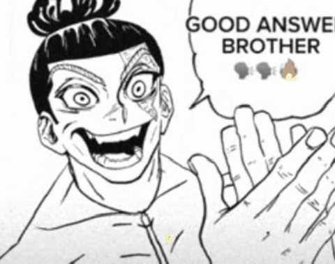 A Black And White Drawing Of A Man With A Speech Bubble That Says " Good Answer Brother " GIF