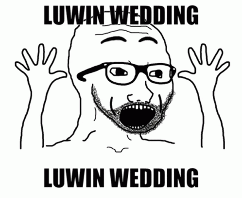 A Black And White Drawing Of A Man With Glasses And The Words Luwin Wedding On The Bottom GIF