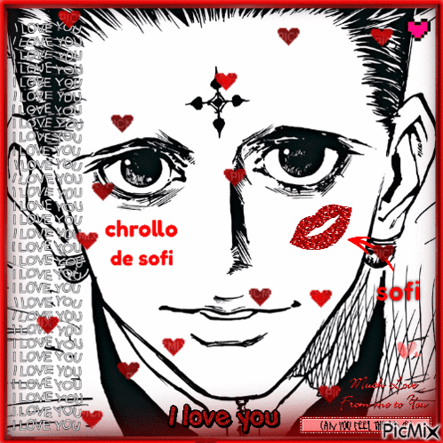 A Black And White Drawing Of A Man With Hearts On His Face And The Words Chrollo De Sofi GIF