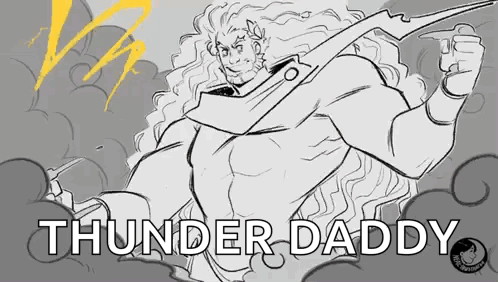 A Black And White Drawing Of A Man With Long Hair Holding A Sword With The Words Thunder Daddy Written Below Him . GIF