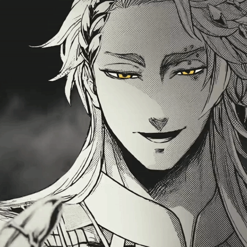 A Black And White Drawing Of A Man With Long White Hair And Yellow Eyes GIF