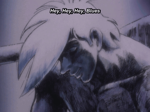 Black And White Drawing Of Man With Hey Hey Hey Blues GIF
