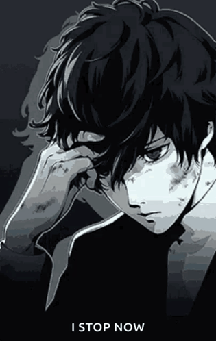 A Black And White Drawing Of A Man With The Words " I Stop Now " On The Bottom GIF