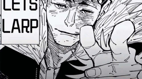A Black And White Drawing Of A Man With The Words Let 'S Larp Written Above Him GIF