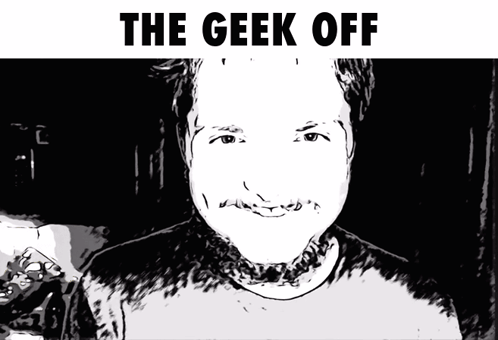 A Black And White Drawing Of A Man With The Words The Geek Off Above It GIF