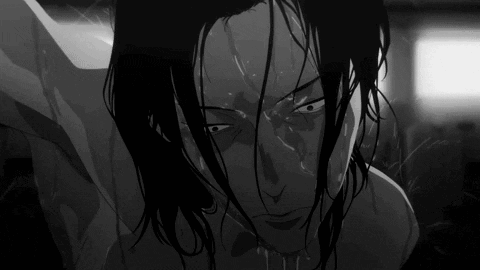 A Black And White Drawing Of A Man With Wet Hair . GIF