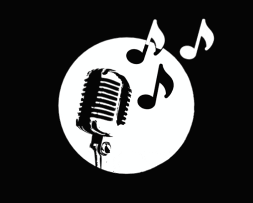 A Black And White Drawing Of A Microphone With Music Notes In The Background GIF