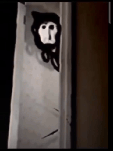 A Black And White Drawing Of A Monkey Peeking Out From Behind A Door GIF