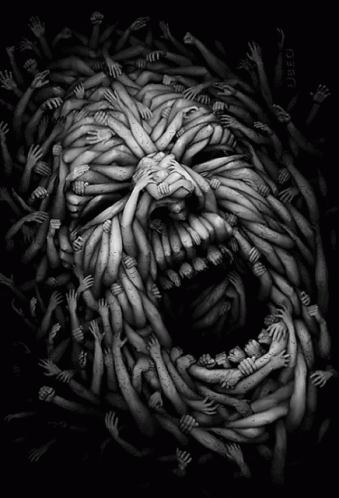 a black and white drawing of a monster with a lot of hands reaching out