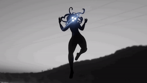 A Black And White Drawing Of A Monster With Glowing Eyes Flying In The Air GIF