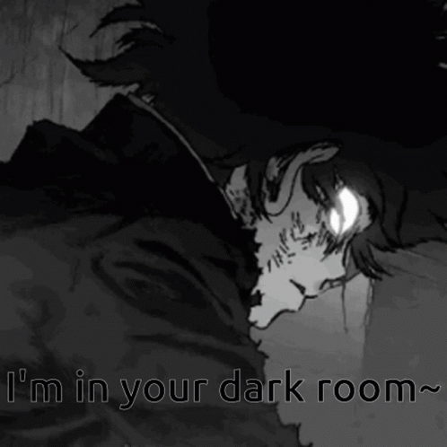 A Black And White Drawing Of A Monster With The Words " I 'M In Your Dark Room " GIF