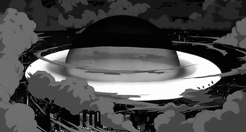 A Black And White Drawing Of A Nuclear Explosion In A City GIF
