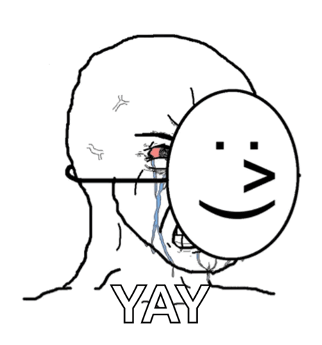 A Black And White Drawing Of A Person Covering Their Face With A Smiley Face And The Words Yay GIF