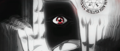 A Black And White Drawing Of A Person Holding A Book With A Red Eye GIF