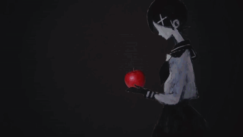 A Black And White Drawing Of A Person Holding A Red Apple GIF